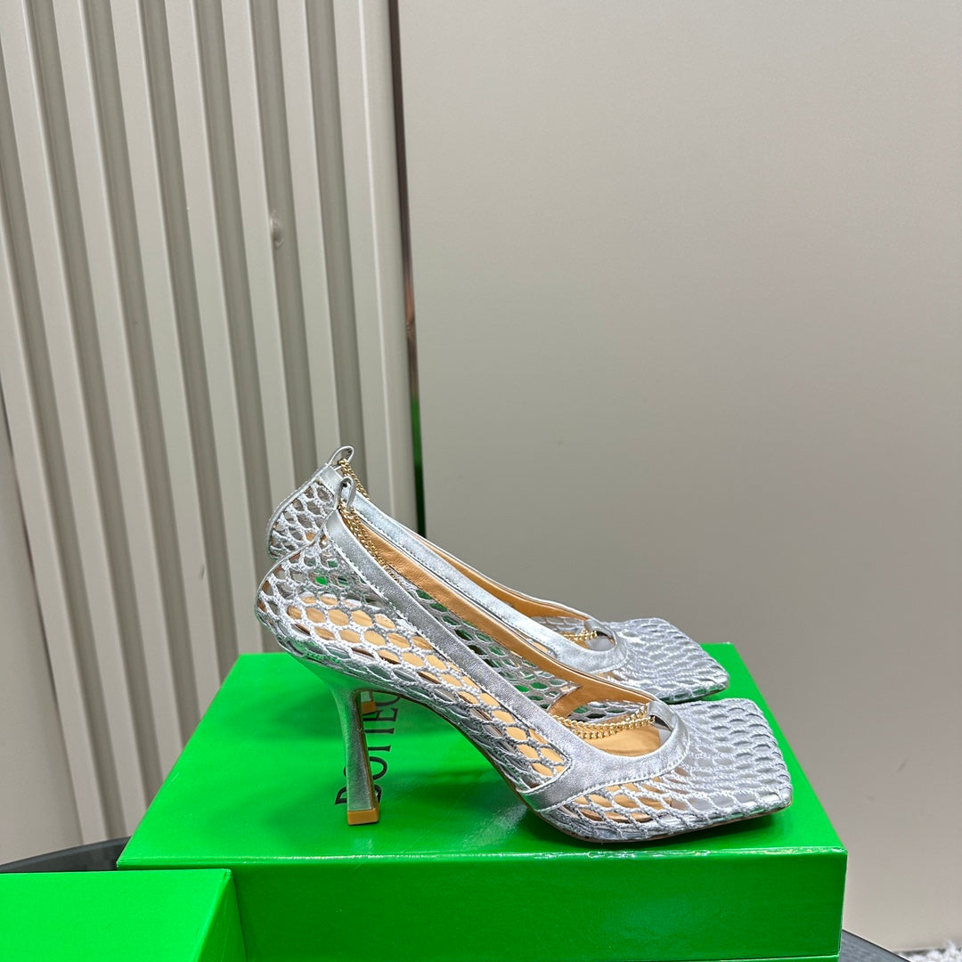 BOTTEGA VENETA HIGH PUMP 9 CM IN SILVER METALLIZE MESH AND LEATHER