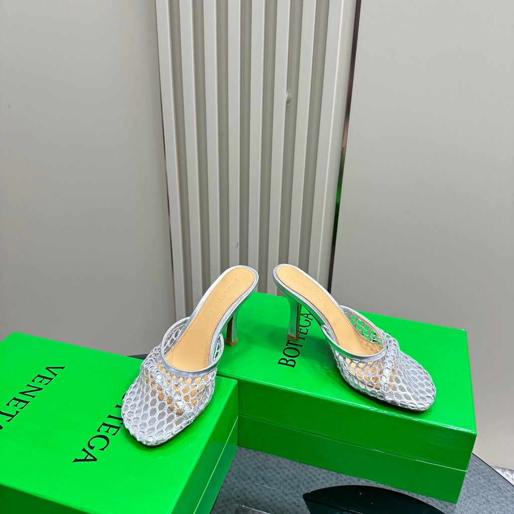 BOTTEGA VENETA HIGH MULE 9 CM IN SILVER METALLIZE MESH AND LEATHER