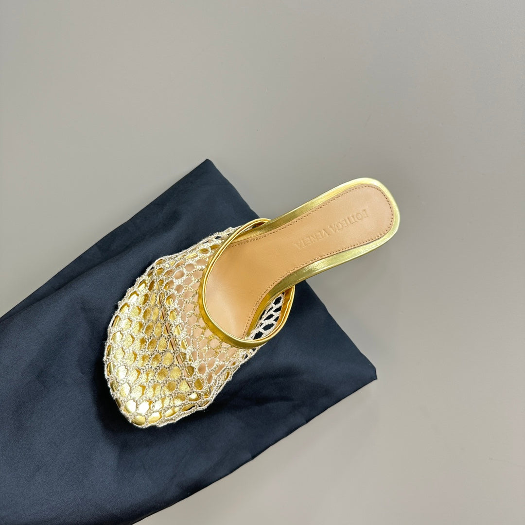 BOTTEGA VENETA HIGH MULE 9 CM IN GOLD METALLIZE MESH AND LEATHER