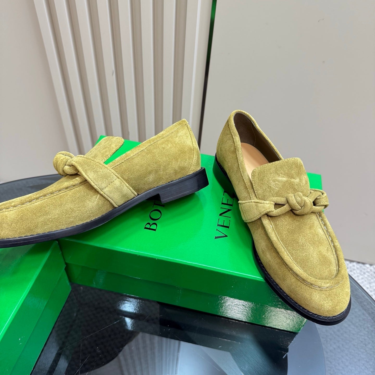 BOTTEGA VENETA ASTAIRE LOAFER IN OLIVE GREEN SUEDE