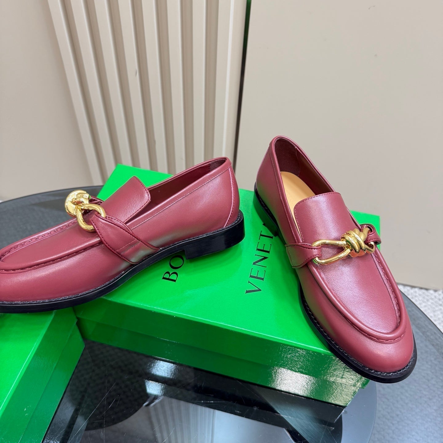 BOTTEGA VENETA ASTAIRE LOAFER IN BERRY RED CALFSKIN WITH GOLD HARDWARE