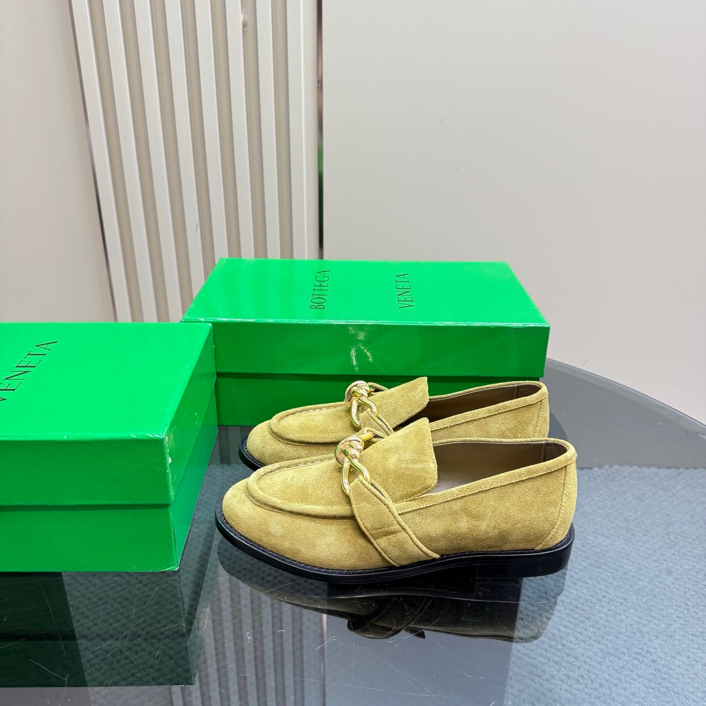BOTTEGA VENETA ASTAIRE LOAFER IN OLIVE GREEN SUEDE WITH GOLD HARDWARE