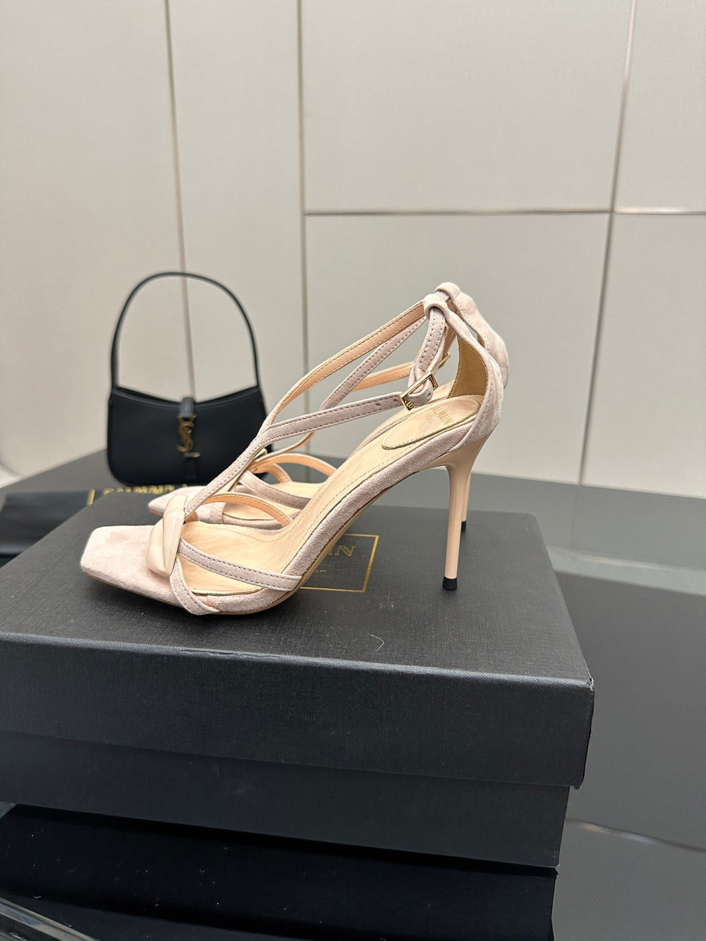 BALMAIN 25S LIPS SANDALS 10 IN BLUSH BEIGE SUEDE