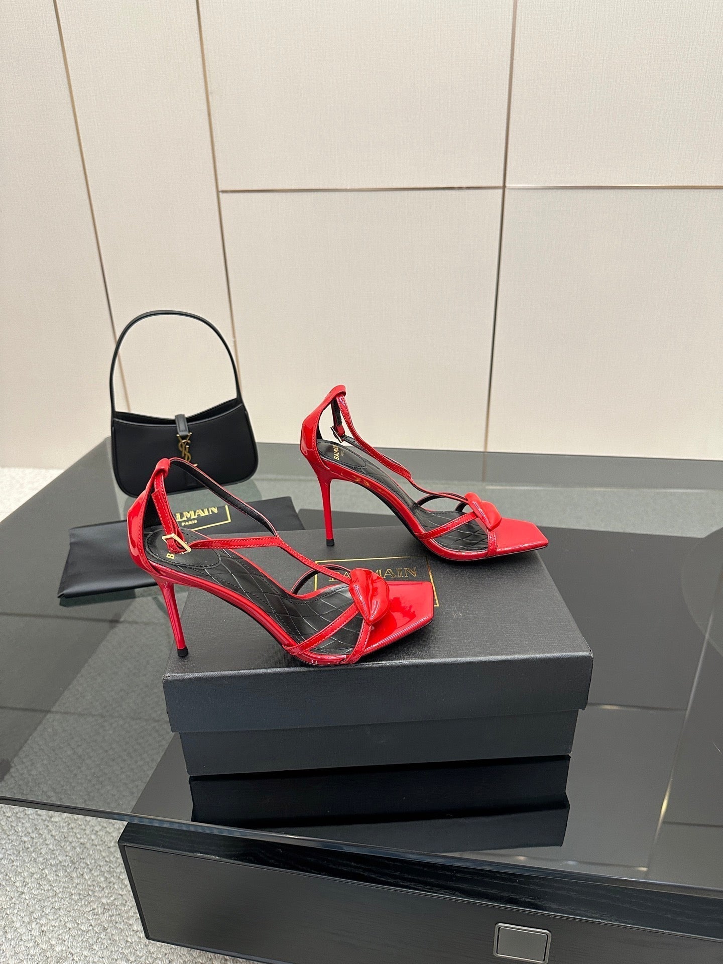 BALMAIN 25S LIPS SANDALS 10 IN CRIMSON RED CALFSKIN