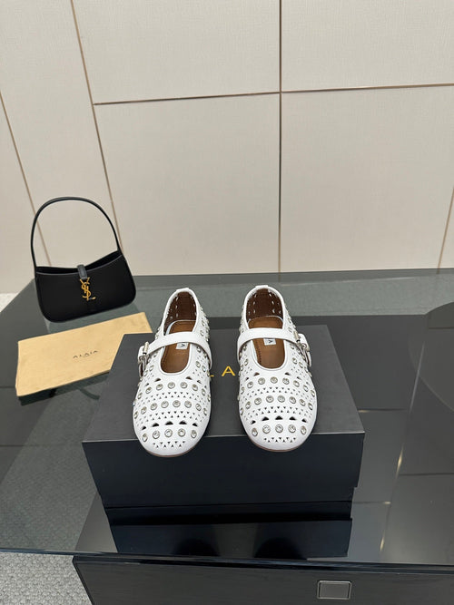 ALAIA BALLET SHOES 25S IN WHITE LAMBSKIN WITH CRYSTAL DETAILING