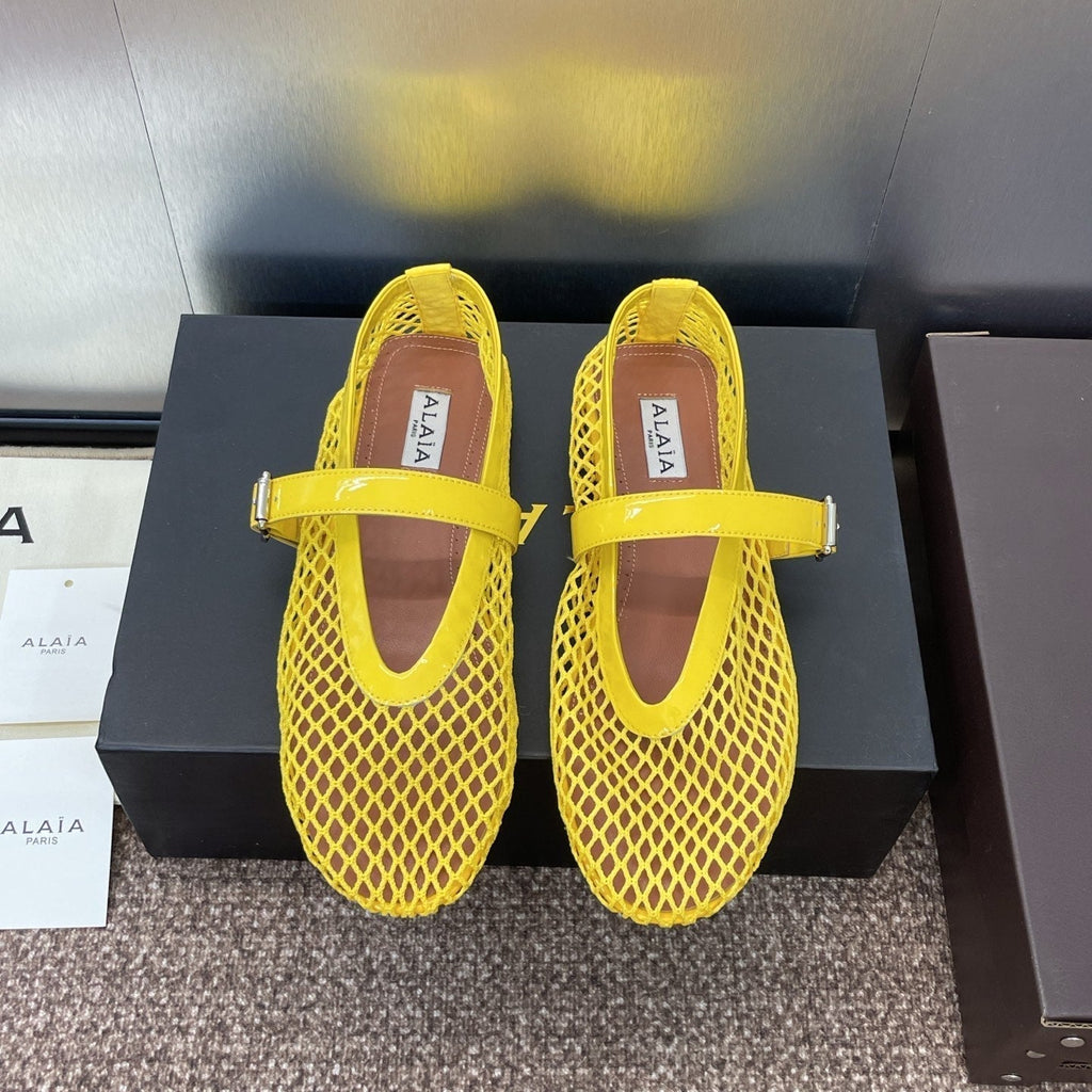 ALAIA MARY JANE FLAT 25S IN YELLOW MESH CALFSKIN